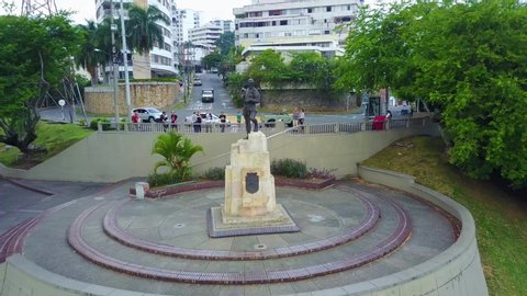 CALI, COLOMBIA - CIRCA 2018 - Aerial pull back from statue of Sebasti?n de Benalc?zar in Cali, Colombia.