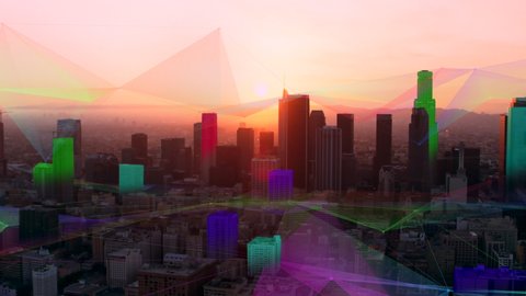 Agency shot for advertisement of Los Angeles, California aerial connected smart city at sunset with golden hour lighting. Wide shot on 4k RED camera shot with helicopter.