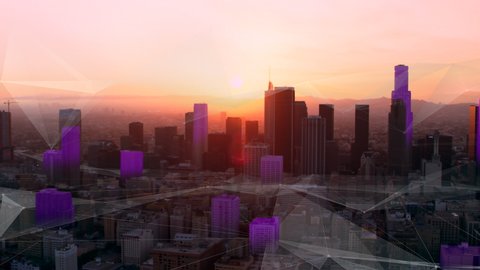 LA Aerial connected 5G smart city sunset golden hour lighting with futuristic network and technology. Wide shot on 4k RED camera on helicopter