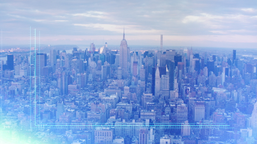 Double exposure of financial graphs rising in front of New York skyline. Illustrating NY stock exchange and financial growth value going up. Royalty-Free Stock Footage #1035534323