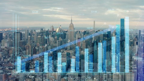 Double exposure of financial graphs rising in front of New York skyline. Illustrating NY stock exchange and financial growth value going up.