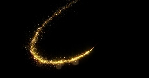 Gold luxury sparkling glitter star dust trail. Magic Christmas golden shine light on black background. Glowing particles wave