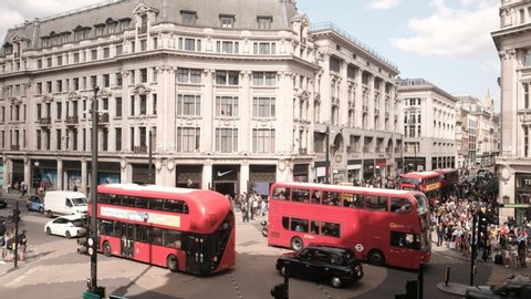 LONDON- AUGUST, 2019: Oxford Circus in London's West End. An iconic London landmark and world famous shopping destination