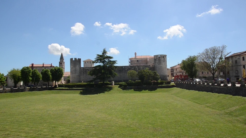 
Old fortress, tower and walls. Ancient castle and old city. Cultural heritage and architecture. Medieval city. Svetvincenat, Croatia