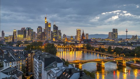 Frankfurt city skyline aerial view from above in 4k. Time lapse footage germany frankfurt main.