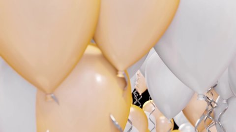 3d rendering of gold and white balloons flying over camera, use for video transition, have alpha footage for isolation