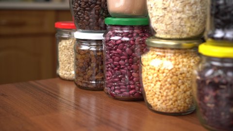 Grocery stock, food reserve. Glass Cereal Jars. Zero Waste Shopping. Shop in Bulk. Buying and Storage Food Package free. Reduce packaging waste