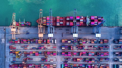4K Timelapse of modern industrial port with containers from top view or aerial view. It is an import and export cargo port where is a part of shipping dock.Singapore Stock Video