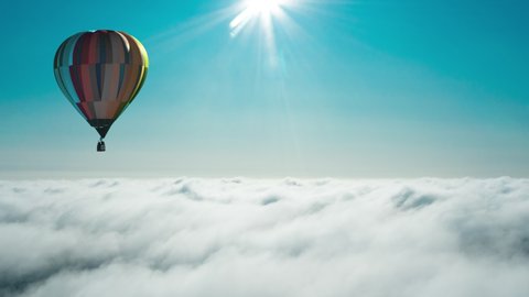 Balloon above clouds, aerial timelapse. Ballooning.  Concept of adventure, fun, flight