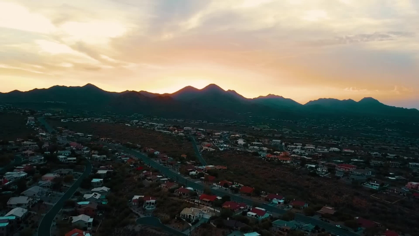 Fountain Hills AZ as seen from a drone, aerial sunset shot.