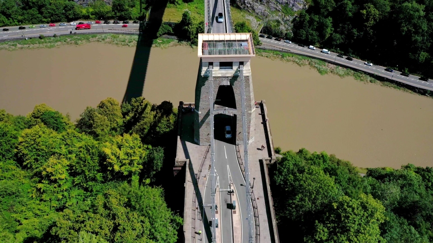 Aerial view of the historic Clifton Suspension Bridge near Bristol, United Kingdom