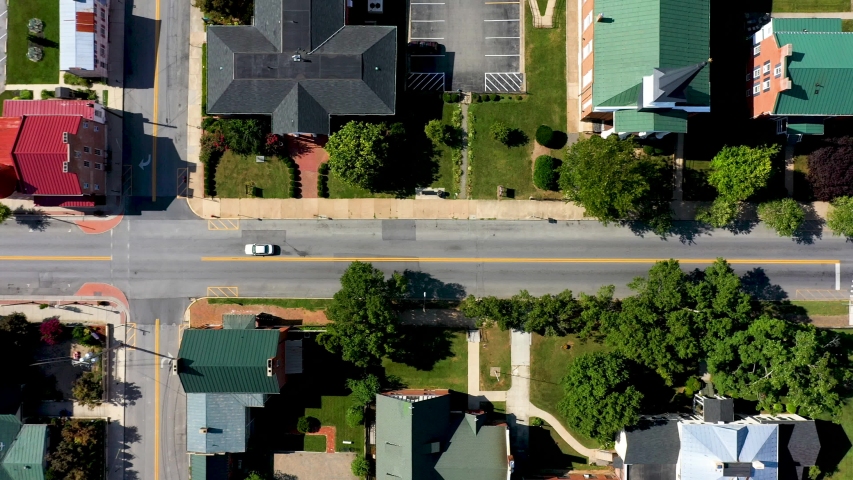 Aerial view looking straight down with ending showing county courthouse in Charles Town, West Virginia.
