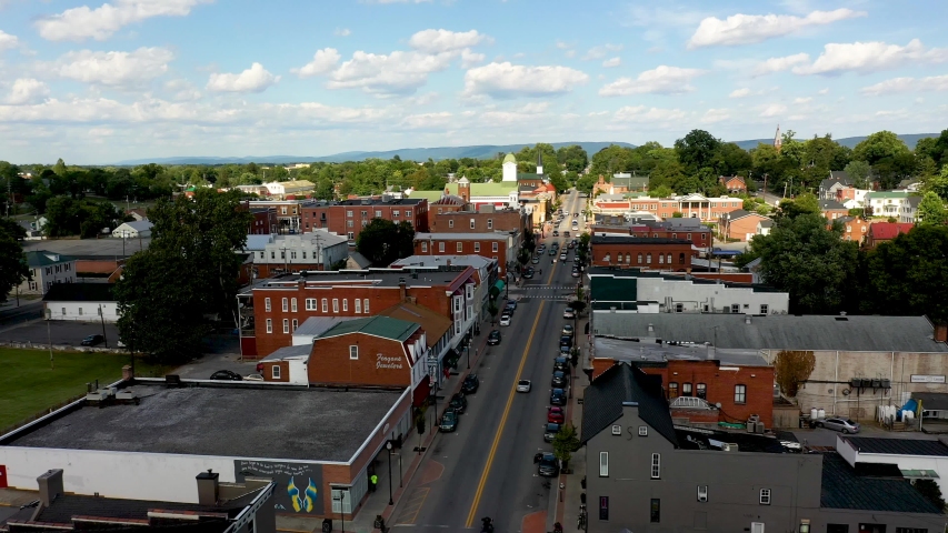 Dolly to the right showing town of Charles Town, West Virginia.