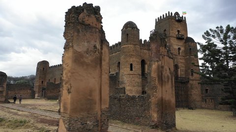 Ascending rotating drone flight of spectacular historic palace, Fasil Ghebbi Royal Enclosure fortress, architecture and cultural heritage in Ethiopia Africa
