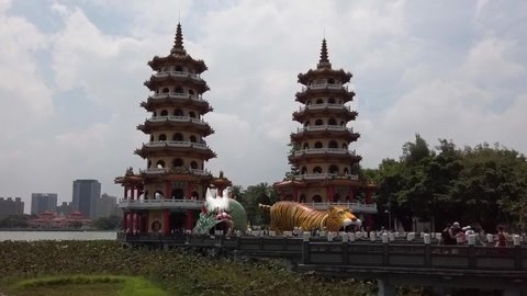Hyperlapse of The Dragon and Tiger Pagodas at Lotus Pond, Kaohsiung, Taiwan