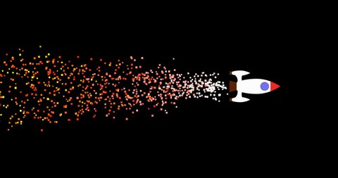 Cartoon spaceship launch footage. Flying rocket with confetti trail animation isolated on black background. Space ship moving in horizontal direction. Startup launch, goal achieving concept ship 8 bit