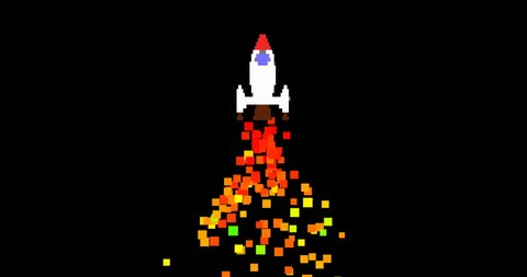 Pixel rocket launch footage. Cartoon spaceship takeoff animation isolated on black background. Space ship moving up with orange trail. Startup launch, success and goal achieving concept ship 8 bit