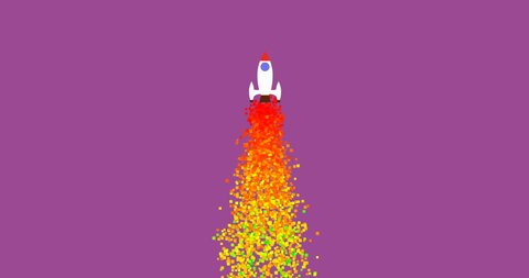 Cartoon rocket launch footage. Spaceship takeoff with confetti trail isolated on purple background animation. Startup launch celebration, success and achievement. Space shuttle flying up ship 8 bit