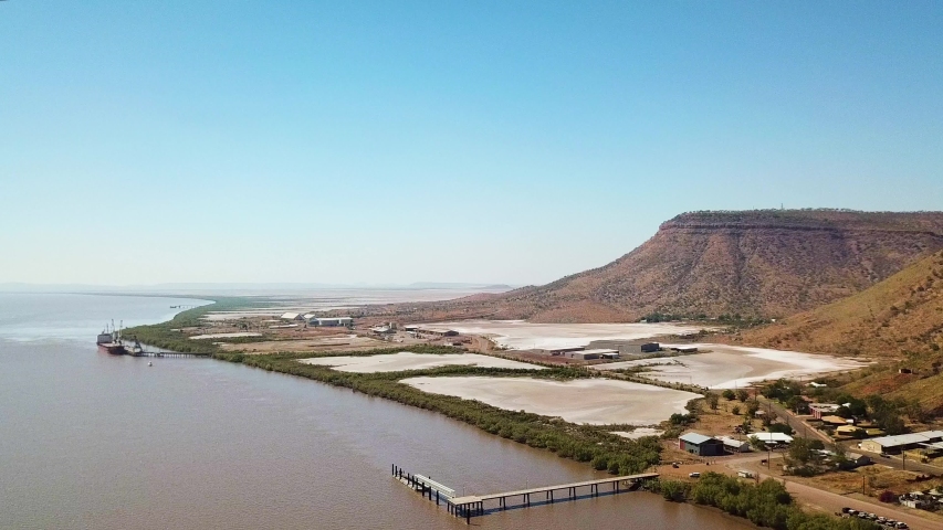 Stunning oscillating drone shot of Wyndham Port in east Kimberley region, Western Australia.