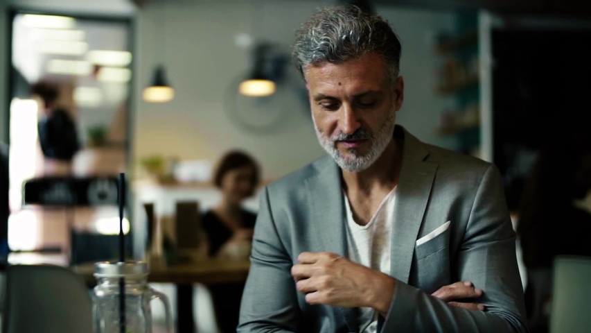 A portrait of a mature businessman sitting in a cafe, using tablet. Royalty-Free Stock Footage #1035608129