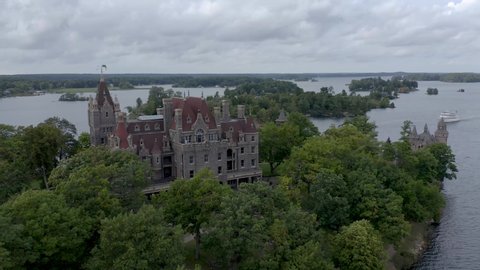 4K Aerial shot   of Boldt Castle located on Heart Island in the 1000 Islands on the Saint Lawrence River.