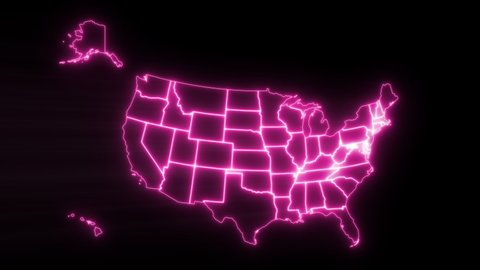 A detailed map of the United States of America, including Alaska and Hawaii, appearing with a neon laser light and a directional glow.