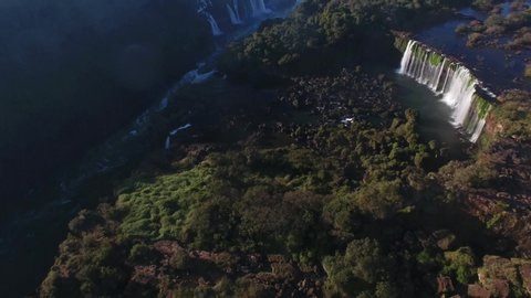 Puerto Iguazú, Misiones / Argentina - 08/04/2019: Aerial view of waterfalls from Iguazu Falls, Iguazu National Park, one of the seven natural wonders of the world