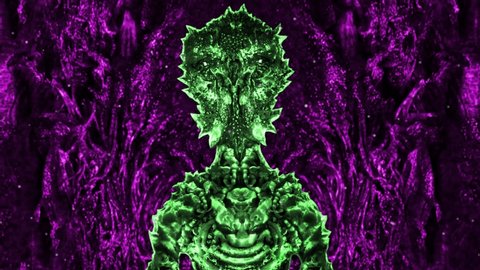 Green martian astronaut sits inside alien spaceship cabin in bionic suit. Science fiction vj loop animation. Original invader character. Abstract purple background. Scary animated video clip backdrop.