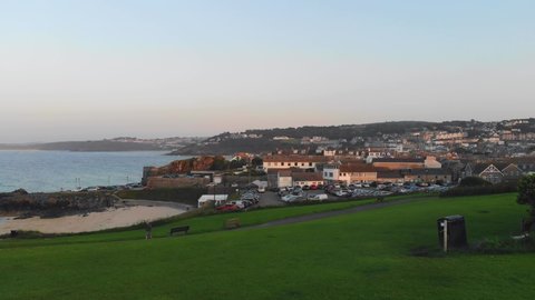 Drone footage of St Ives, Cornwall from The Island at sunset.