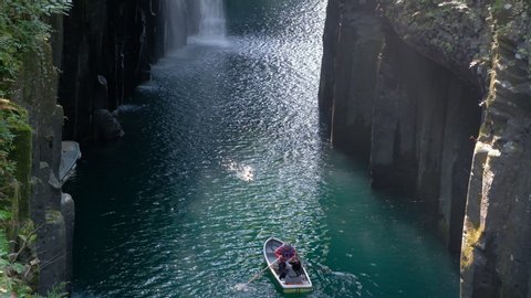 Waterfall and boat at Takachiho Gorge in Takachiho, Miyazaki, Kyushu, Japan