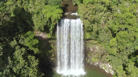 Aerial: Beautiful waterfall surrounded by pristine jungle in tropical queensland. 45 degree and town down perspectives. Hot summer day. Millaa Millaa Falls. South of Daintree Rainforest. Australia.