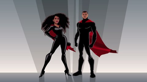 Male and female black superheroes posing in front of light.