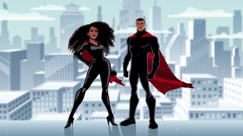 Male and female black superheroes posing in front of beautiful winter cityscape.