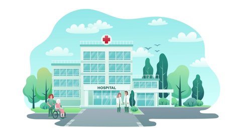 Hospital animation. Ambulance heading to the emergency. Medical center building with doctors and nurse. Flat design isolated on white background. 