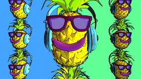 Seamless animation of a funny pineapple with sunglasses and headphones. Funny summer background cartoon hand drawn style psychedelic backdrop