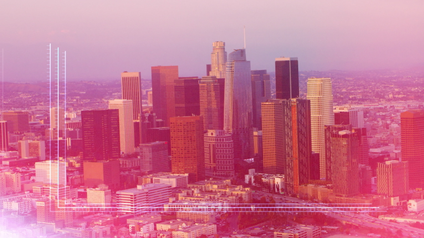 Corporate double exposure of financial graphs rising in front of Los Angeles, California skyline. Illustrating stock trends and financial growth value going up. Royalty-Free Stock Footage #1035656075