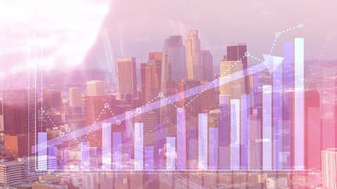 Corporate double exposure of financial graphs rising in front of Los Angeles, California skyline. Illustrating stock trends and financial growth value going up.
