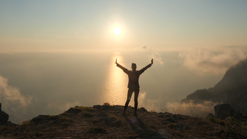 Silhuette Young Woman Arms Outstretched Observing Stock Footage Video 