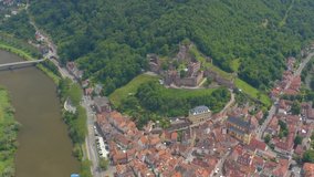 Aerial view of the city Wertheim am Main in Germany. Tilt down on to the old town.