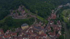 Aerial view of the city Wertheim am Main in Germany. Pan to the left around the castle.