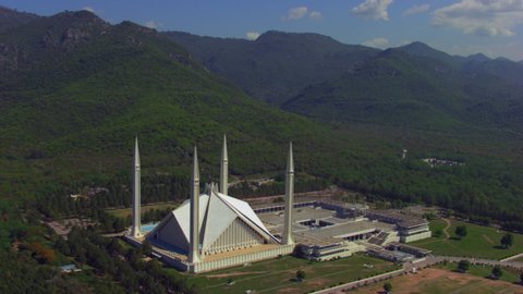 Aerial view of Faisal Mosque, Located on the foothills of Margalla Hills in Islamabad, Pakistan
