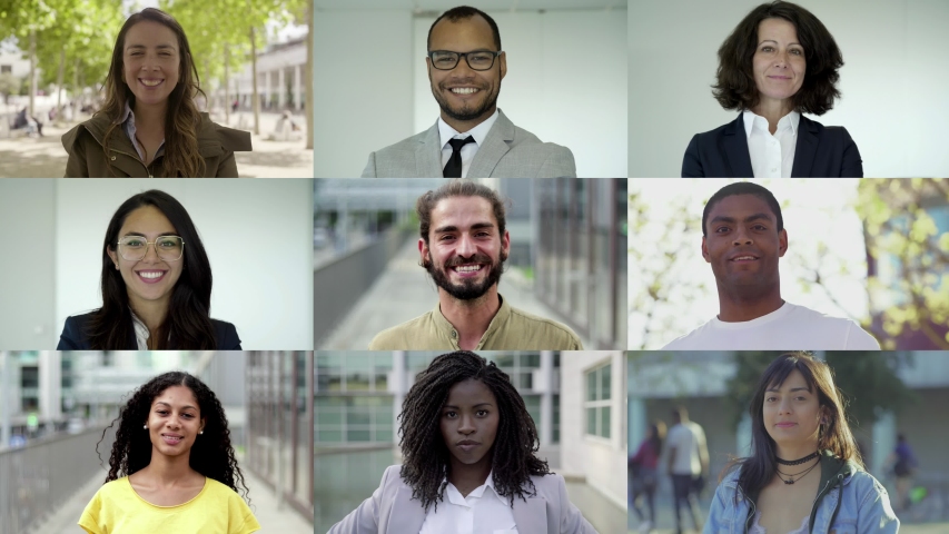 Group of smiling multiethnic people posing. Multiscreen montage, split screen collage. Ethnicity variation concept | Shutterstock HD Video #1035665594