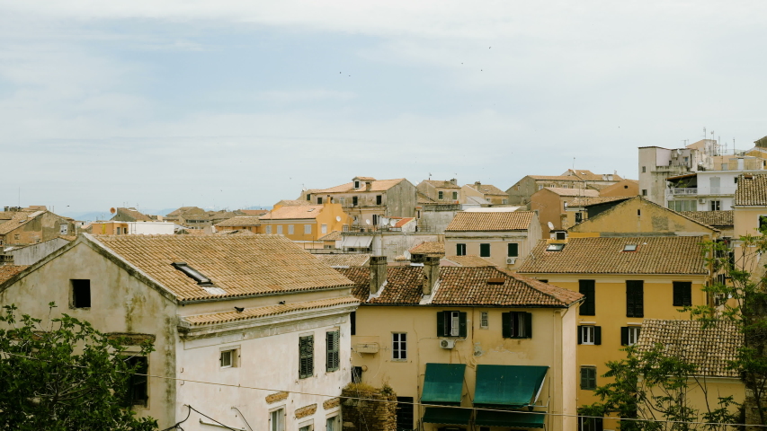 Cityscape. Architecture of Kerkira city. Greek houses and buildings. Greece. 4K