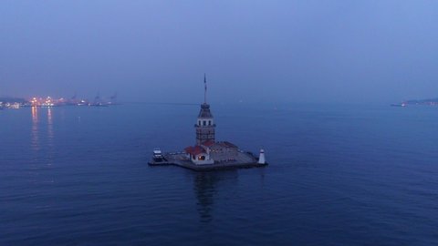 Aerial view of Maiden's Tower in Istanbul. Istanbul City Landscape. 4K Drone Footage in Turkey.