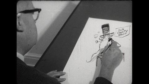 1950s: man drawing political cartoon of an old man with long beard representing old county government
