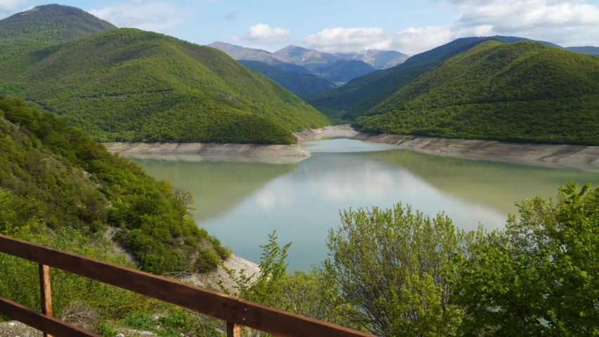 Lake among the picturesque mountains. Zhinvali Water Reservoir, Georgia