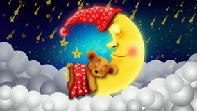 cute bear cartoon sleeping on moon and beautiful shooting stars, looped video background for lullabies to put a baby go to sleep and calming , relaxing