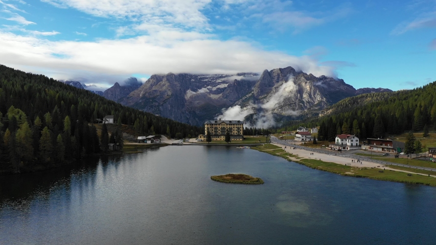 Breathtaking landscape of Lake Misurina with Dolomites mountain in background, Italy. Panoramic nature landscape of travel destination in Eastern Dolomites in Italy. Lake Misurina in Dolomites. Italy