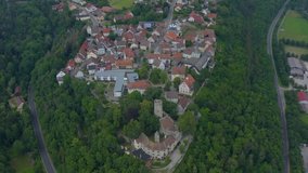 Aerial view from the old part of the city Krautheim in Germany. Zoom out from the front of the castle.