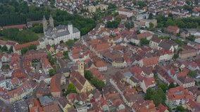 Aerial view from the old part of the city Bad Mergentheim in germany.  Round pan to the left from the front of the palace above the old town.